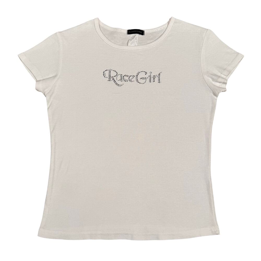 Vintage Y2K RaceGirl Graphic Baby Tee White Silver Gem Stone Logo Top Large